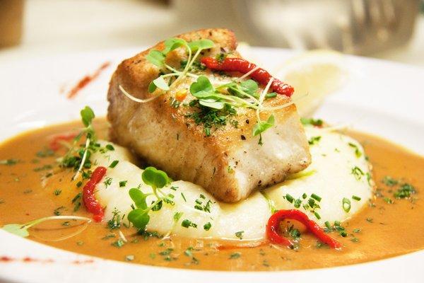 Alaskan Halibut, mashed potatoes, Lobster Bisque Sauce.