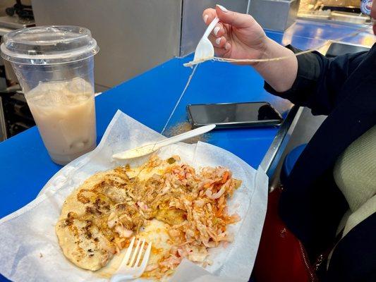 Cheese pull!! Pupusa filled with Revuelta (pork + bean + cheese) + vinegary slaw on the side $5.     5* Horchata $4