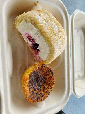 Swiss roll with berries and Portuguese custard tart