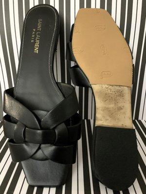 Protective sole added to Yves Saint Laurent Tribute sandals by George's Midtown Shoe Repair.