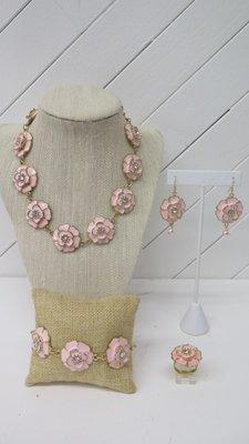 Our pink Princess jewelry set consist of a necklace, earring, bracelet and ring. www.nesycollection.com