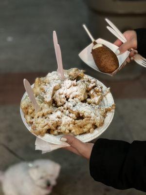 Funnel cake and cheese dog.