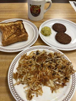 Grilled Cheese Sandwich, Sausage Patties w, pickles, and Hash Browns smothers cooked crispy.