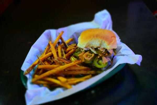 Inferno burger with seasoned house cut fries