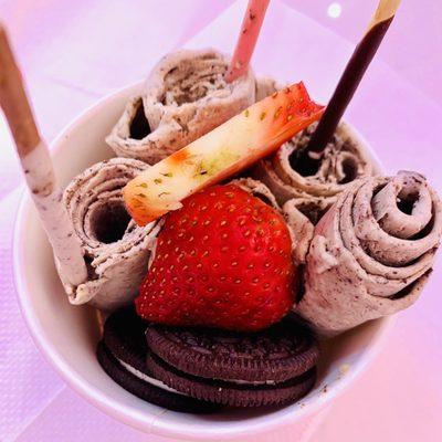 Oreo rolled ice-cream with pocky sticks and fresh strawberries $9