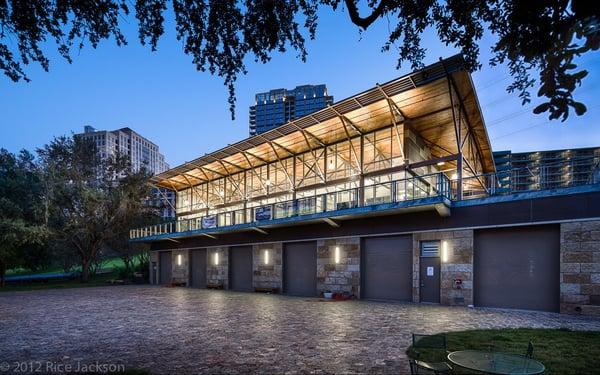 The new Waller Creek Boathouse, home of Austin Rowing Club, Congress Ave Kayaks,  In Motion Bike Rentals, Power to Perform