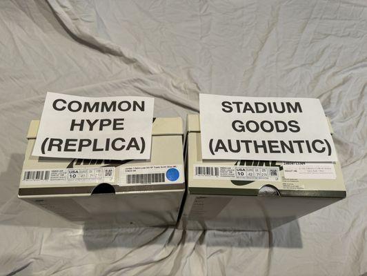 Comparison of Common Hype's replica pair that, as of now, they have ignored requests to resolve, and Stadium Goods legit pair.