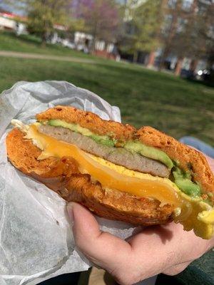 Jalapeño bagel, cheddar, Gouda, avocado, egg and sausage