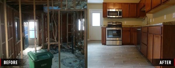 A before and after kitchen remodel from a house fire