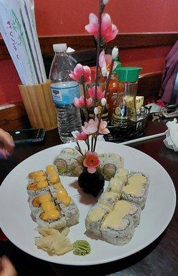 Any Three Way: Mango snow crab, spicy tuna, crunch roll with salad $12.95