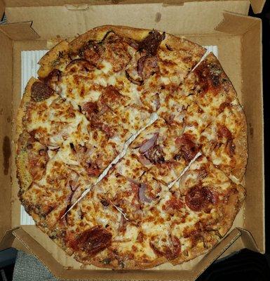 Pepperoni, onions, cheese, thin crust