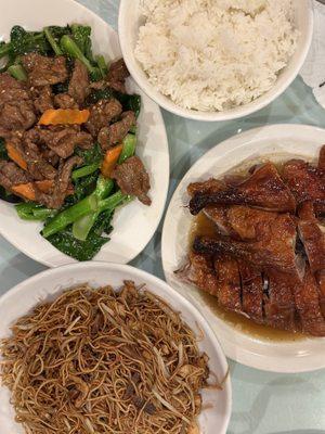 Combination stir fried noodles, 1/2 roasted duck, beef with Chinese broccoli