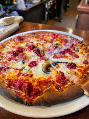 Smoked Duck Bacon Pizza (Feta Cheese, Mozzarella, Tart Cherries, Cilantro, Scallions, Mushrooms)