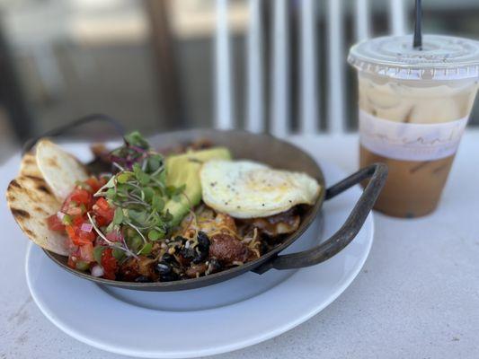 Huevos Rancheros and an iced lavender latte