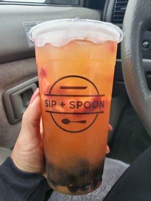 Strawberry Passionfruit Green Tea (with tapioca and strawberry bits)