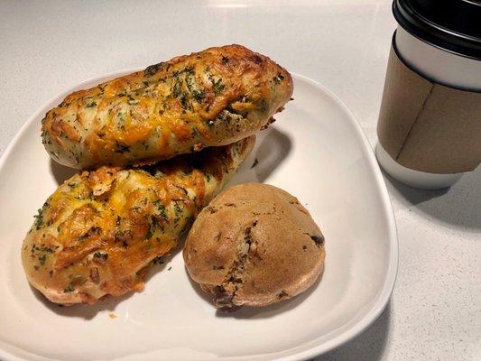 Two Avocado/Egg/Cheese Burridoughs, Chocolate Chip Pecan Cookie, and a Coffee