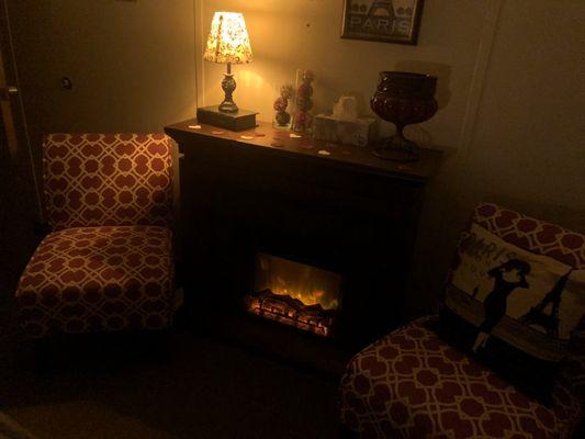 Couples room fireplace glow