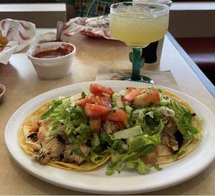 Grilled fish tacos with corn tortillas & margarita