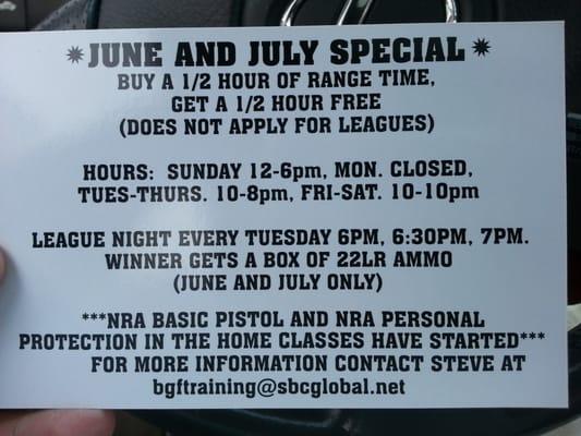 Only $12.50 for an hour of shooting plus a free target at the cleanest range in town!