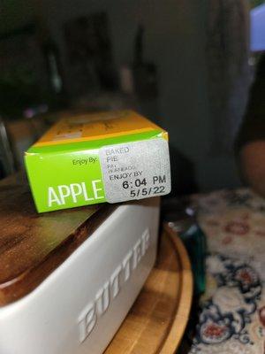 Apple pie just bought 10 minutes ago, at 8:00PM. The sell by time was 2 hours ago.