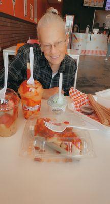 Churros, fresh fruit boat, mangonada, fruit cup with chamoy, mint bluebell ice cream!