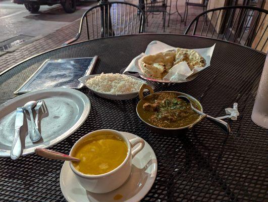 Lentil soup, Chicken Gongura, and a Naan bread with basmati rice.