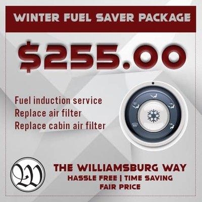 Winter Fuel Saver Package $255! https://www.williamsburgchryslerjeep.com/service-specials/