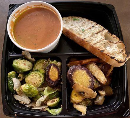 Three up - tomato soup, Brussels sprouts, and roasted carrots and golden beats