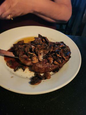 Medium rare ribeye with sautéed mushrooms. 10/10