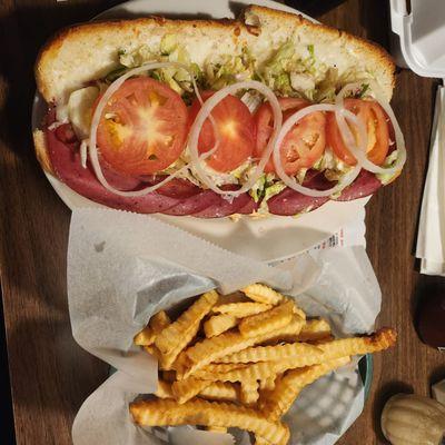 Whole Italian hoagie w/fries. Appetizer sampler, fried zucchini, fried mushrooms and provolone sticks.