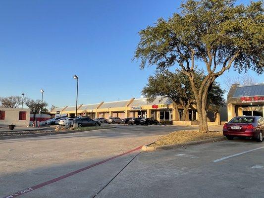 Domino's Pizza is located on Arapaho Road, behind Tongue In Cheek Ice Cream (as Arapaho curves between Custer and Hampshire).