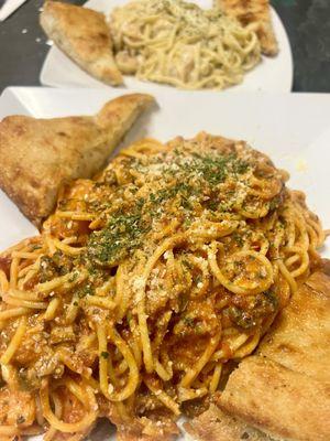 Al pastor pasta with shrimp & shrimp Alfredo