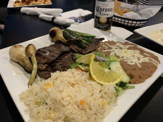 Carne Asada with Grilled Onions, Rice and Beans