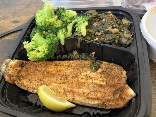 Bronzed Trout, Bacon Braised Collard Greens, Steamed Broccoli