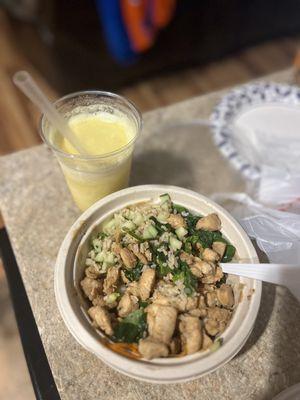 healthy bowl, chicken teriyaki, brown rice, spinach, cucumbers and sauce.