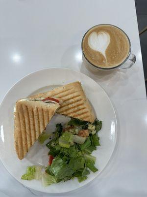 Caprese panini with house salad and hazelnut latte