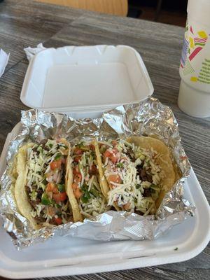 3 carne asada street vendor style loaded tacos