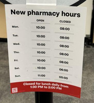 Updated pharmacy hours as of 7/29/2024