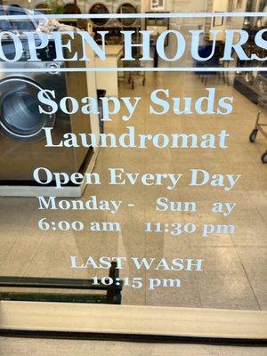 Hours January 2022. NOTE: LAST WASH 10:15.