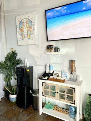 Complimentary tea and trail mix station in front waiting area