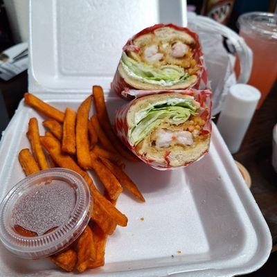 Shrimp po boy with sweet potato fries