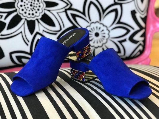 Beautiful cobalt blue slides with jeweled heels