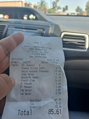 Photo of my receipt and the Cobb salad I was charged for. Side note We are from San Diego and that is the reason I didn't go in myself.