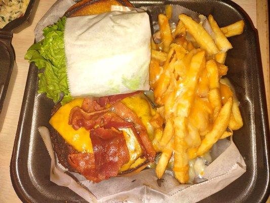 Burger with cheese fries