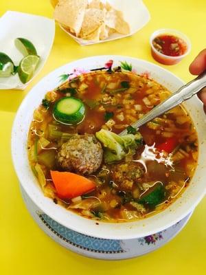 Chicken meatball soup with lots of hearty veggies