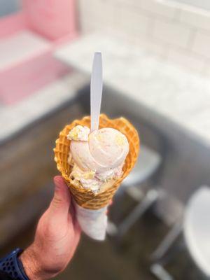 Strawberry shortcake + cookie dough in a waffle cone.