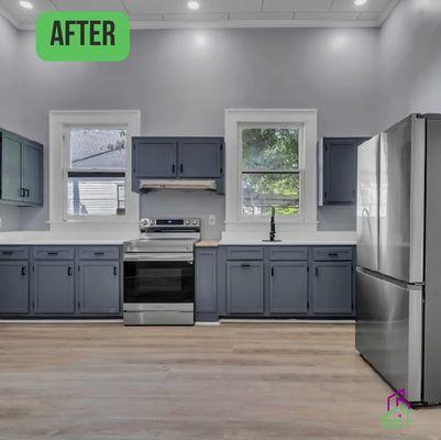 This is the after photo of a kitchen renovation. We added new drywall, cabinets flooring, and paint to recreate this space.