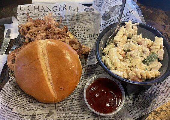 Pulled Pork Sandwich and special side - Caesar salad pasta salad