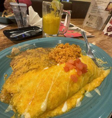 Sancho Especial, refried beans and rice. Drink mango mug-o-rita on the rocks.