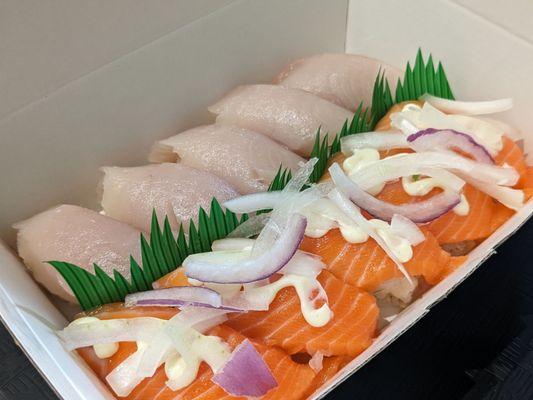 Salmon and hamachi nigiri